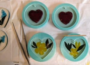 Hearts into second mold and some yellow Carolina Jasmine (SC state flower)