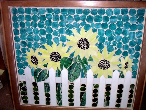 Sunflowers - Stained glass / grout in recycled window
