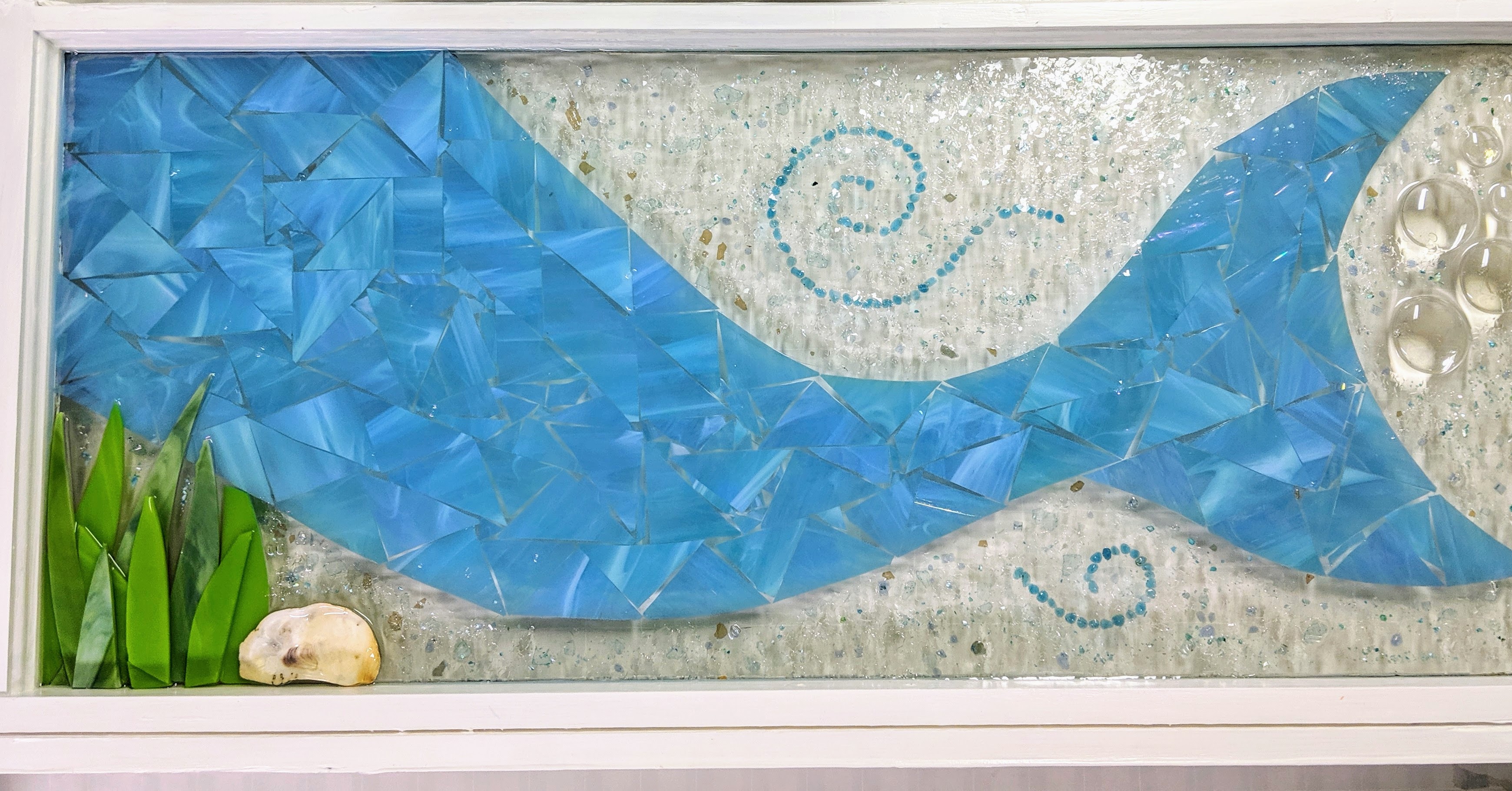 Mermaid tail, stained glass in resin in recycled window 