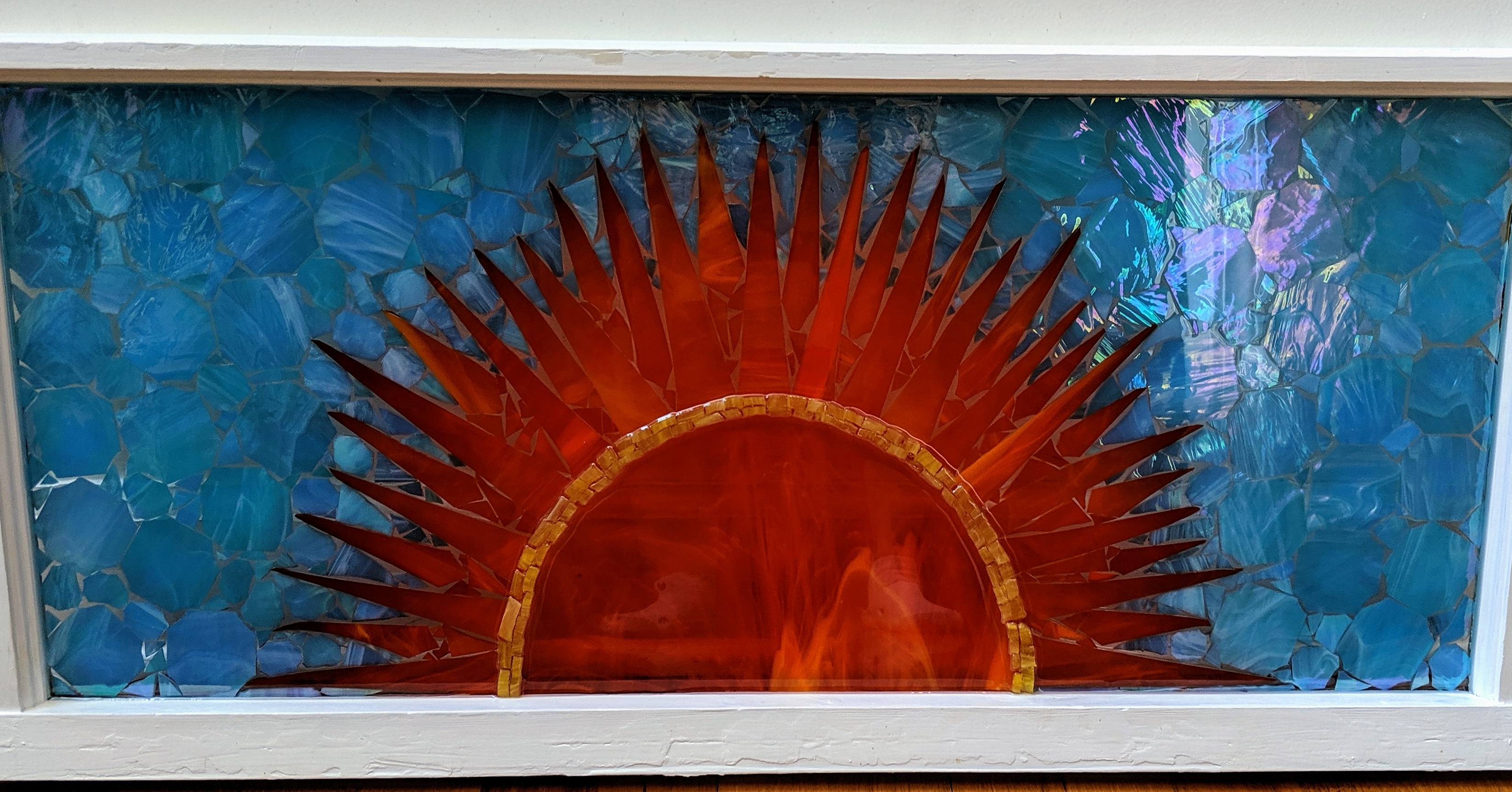 Here comes the sun stained glass in resin in recycled window