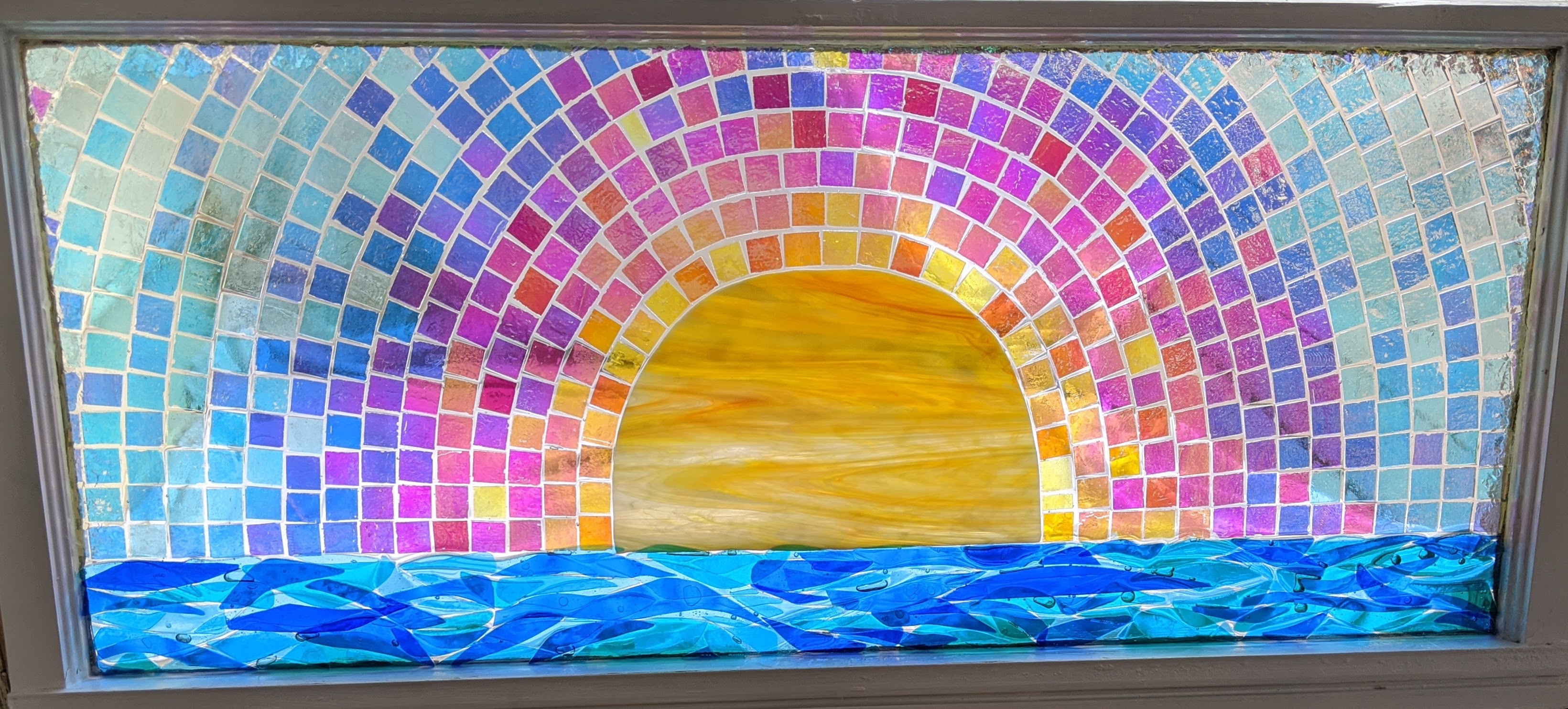 Stained / dichroic glass sunrise in resin in recycled window