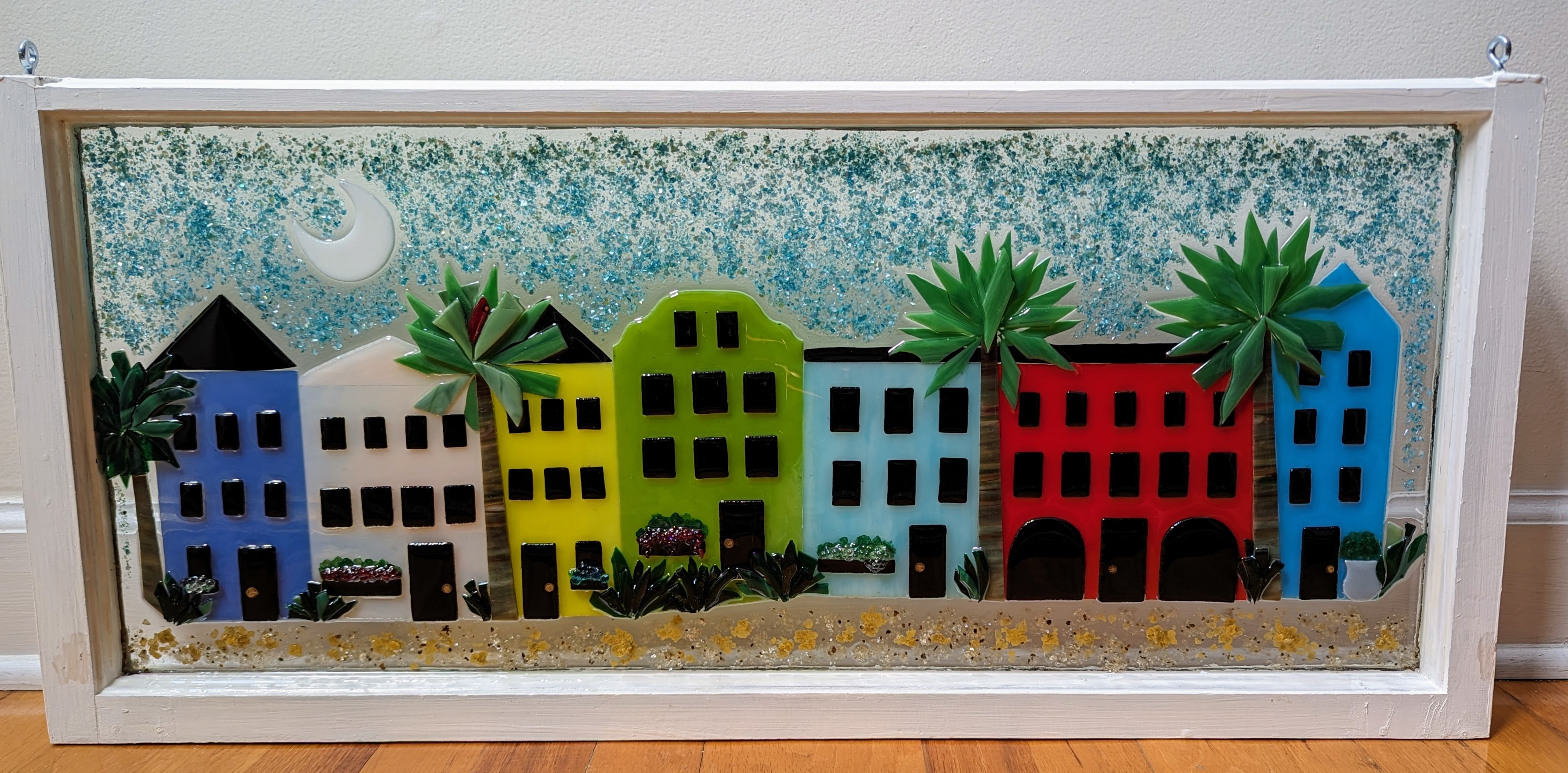 Rainbow Row - stained glass and resin, mica in recycled window